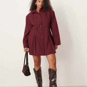 ASOS DESIGN Curve cinched shoulder pad shirt mini dress in burgundy